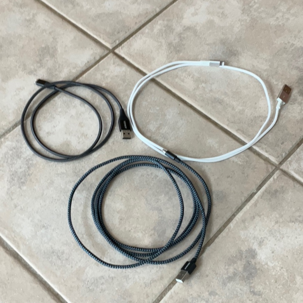 Anker USB to Lightning Cables 6’, 3’ and 40 inches.  3 braided cables.